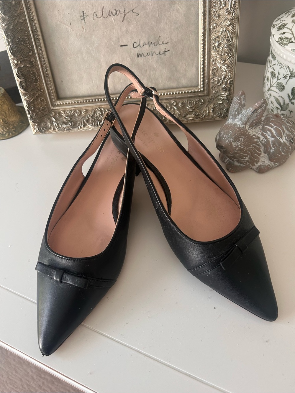 Leather Pointed Toe Slingback Flats - Black